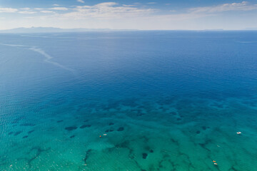 Horizon of Adriatic sea by village Borsh with turqouise blue sea water toward to Corfu island, Albania in Summer 2022