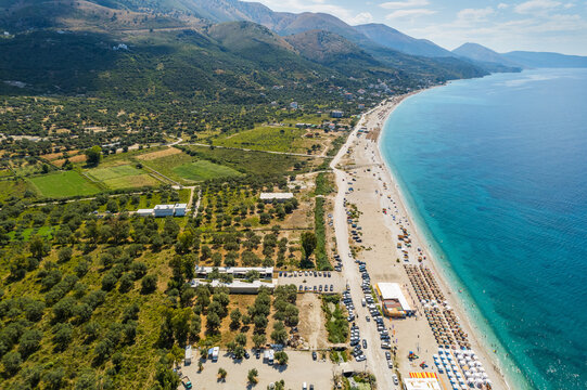 Part of 7 km long beach in village Borsh, Albania in Summer 2022