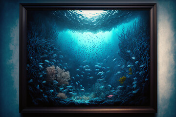 Framed picture on the wall with deep look into the ocean floor illustration 