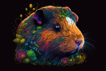 Portrait of guinea pig psychedelic art style