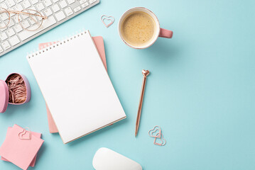 8-march concept. Top view photo of keyboard notepads golden pen sticky note paper heart shaped clips holder glasses cup of coffee and computer mouse on isolated pastel blue background with copyspace © ActionGP