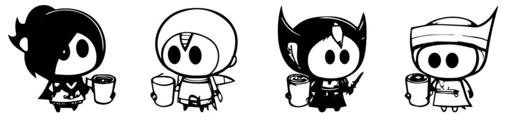  cartoons, vektor, abbildung, halloween, kind, zeichnung, black, character, comic, gesicht, junge, spaß, lächeln, monster, kunst, schädel, leute, tier, komisch, kostüm, rpg, cartoon, cute, eyes, graph