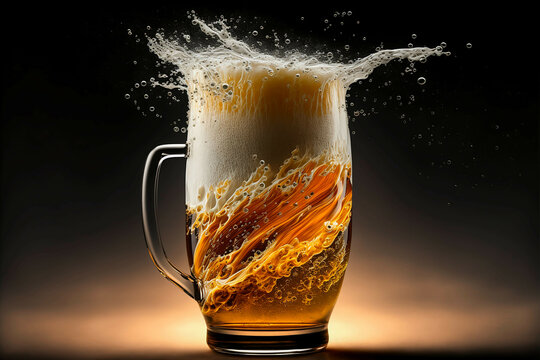 glass of beer moving beer coming out of the glass, generative AI, beer, drink, bar, pub, alcohol