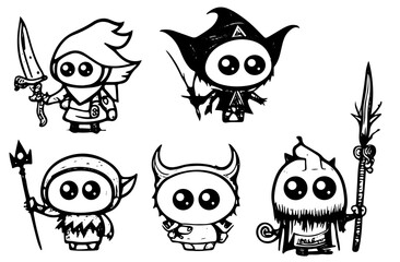  cartoons, vektor, abbildung, halloween, kind, zeichnung, black, character, comic, gesicht, junge, spaß, lächeln, monster, kunst, schädel, leute, tier, komisch, kostüm, rpg, cartoon, cute, eyes, graph