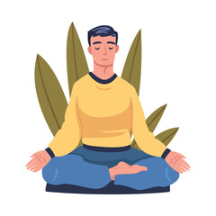 Young Man with Closed Eyes Doing Meditation Sitting in Lotus Pose on Yoga Mat Practicing Mindfulness Vector Illustration