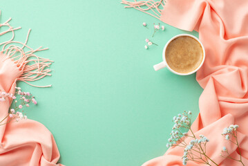 Hello spring concept. Top view photo of mug of frothy coffee gypsophila flowers and pink plaid on...