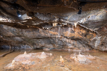 Stalagmites and stalactites inside Goughs Cave in Cheddar