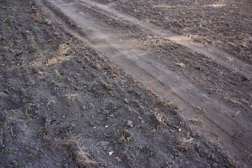 Car tracks across a freshly plowed agricultural field