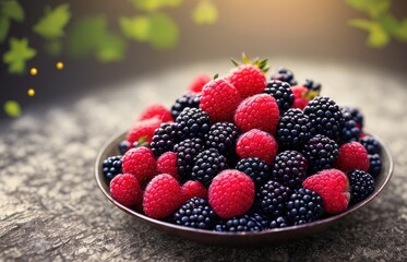 strawberries and blueberries in a bowl, generative AI
