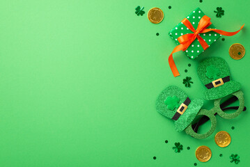 Naklejka premium Saint Patrick's Day concept. Top view photo of hat shaped party glasses green giftbox with orange ribbon bow gold coins and shamrock shaped confetti on isolated green background with copyspace