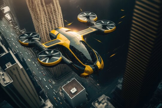 Future Of Urban Air Mobility, City Air Taxi, UAM Urban Air Mobility, Public Aerial Transportation, Passenger Autonomous Aerial Vehicle AAV In Futuristic City, Generative AI
