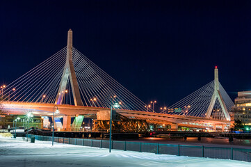 Obraz premium Bridge in Boston. Long Exposure Night Photography. Leonard P. Zakim Bunker Hill Memorial Bridge. Massachusetts, USA