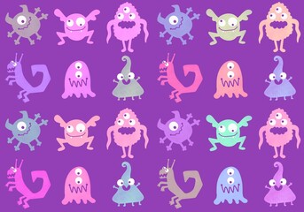 Cartoon monsters seamless emoticons aliens pattern for kids clothes print and wrapping paper and fabrics