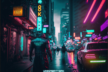 person in the street Cyberpunk theme, let´s make a universe based on cyberpunk style! Cities, vehicles, characters, assets	
