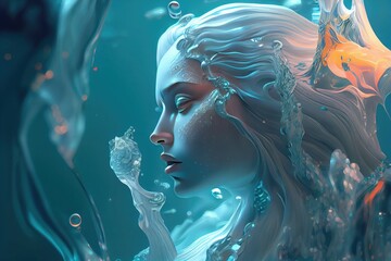 Graphic illustration of a lady in ocean, generative AI Art, generative AI Art 