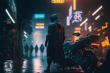 Fototapeta na wymiar person in the street Cyberpunk theme, let´s make a universe based on cyberpunk style! Cities, vehicles, characters, assets 