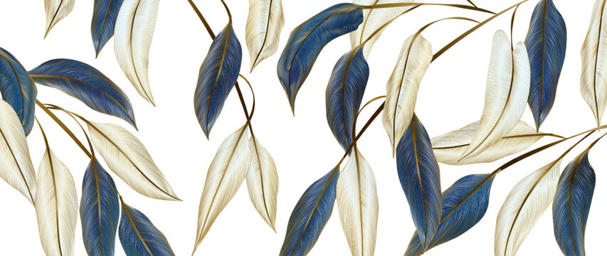 Art background with exotic tree leaves in blue and white with gold line elements. Botanical banner for decoration design, print, textile, interior design, poster. © VectorART