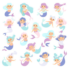 Cute little mermaids set. Cute little fairytale princesses cartoon vector