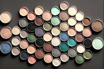 Stylish fashion eyeshadows makeup arrangement colorful pattern background. Generative AI