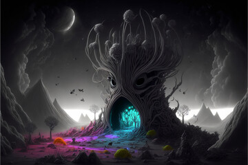 Obraz premium Alien Landscape with Structure with Glowing Blue Light and Trees, Alien Creatures (Generative AI)