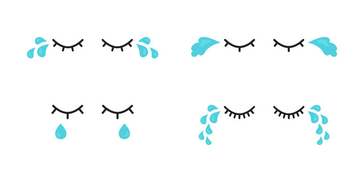 Water Tears Icon, Cry Eyes, Cute Character Expression, Woman Emoji Sad, Blue Tear Drop Set Isolated On White Background. Vector Emotion Illustration