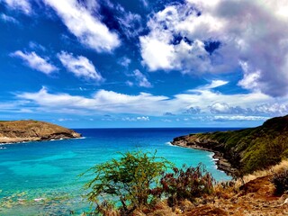 An exotic paradise featuring the beautiful Hanauma Bay Nature Preserve of Oahu, Hawaii during the...