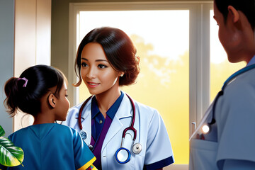 Asian woman in medical uniform, greeting her child pacient, pediatric care concept 