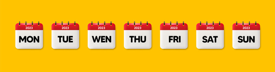Calendar icons with days of the week. Working days as Monday, Tuesday and Wednesday, Thursday or Friday. Event schedule date. Calendar weekend as Saturday, Sunday. Date reminder tags of 2023. Vector