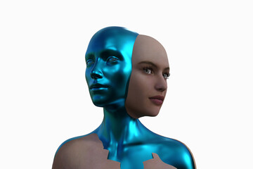 3D rendering. Merging two female heads on a white background.