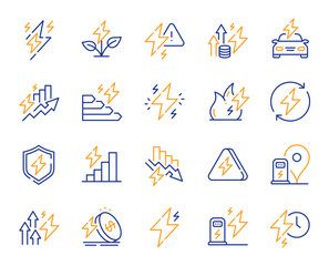 Energy line icons. Electric power, Charge station and Electricity price inflation set. Eco energy, efficiency consumption and saving electricity line icons. Lightning bolt, electric power. Vector