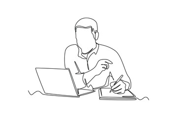 Fototapeta na wymiar Single one line drawing man writing notes in front of laptop. Continuous line draw design graphic vector illustration.