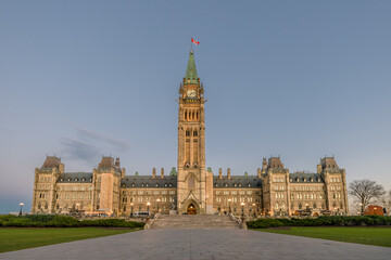 Parliament of Canada Peace Tower early morning straight on view