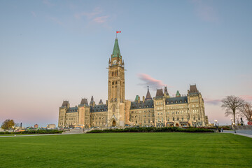 Parliament of Canada Peace Tower early morning from angle