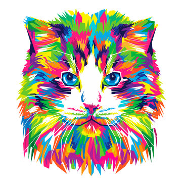 Colorful abstract cat, animal hand drawn illustration, transparent background.