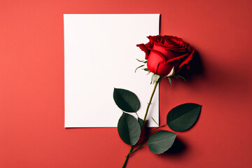 Valentines day red rose with blank white paper