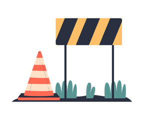 Road Barrier Sign and Striped Cone as Construction and Repair Work Caution Vector Illustration