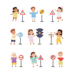 Fototapeta na wymiar Cute Children Learning Rules of Road Engaged in Traffic Education Vector Set