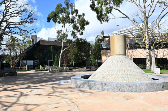 COSTA MESA, CALIFORNIA - 19 JAN 2023: The Noguchi Garden, Energy Fountain, granite bricks and stainless steeel represent Californias Energy.