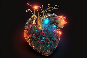 Illustration of a heart made of computer circuits on a black background. Generative AI