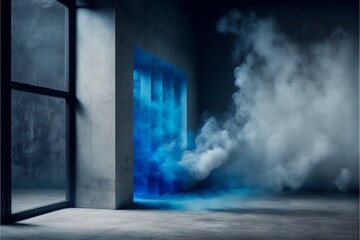 Empty room with smoke and lights. Abstract concrete walls and large window. Generative AI