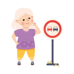 Cute Girl Standing Near No Overtaking Traffic Sign on Pole Learning Rules of Road Vector Illustration