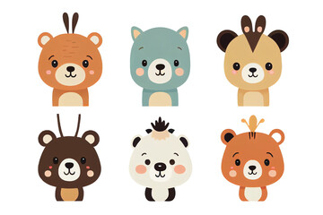 Cute unusual little animal illustration set on isolated white background. Hand drawn happy animals face collection for baby or kids design.