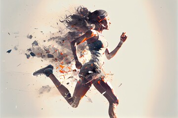 Obraz premium Generative AI of Illustration a woman runner who is disintegrating as they run, bits flying behind them as the move