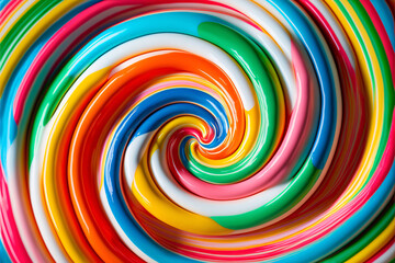 Fototapeta na wymiar Colorful candy swirl background. Glossy mixed paint. Close up view with depth of field. Generative AI