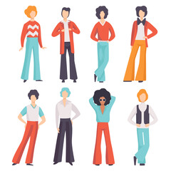 Man Character Wearing Vintage Clothing from 70s in Standing Pose Vector Set