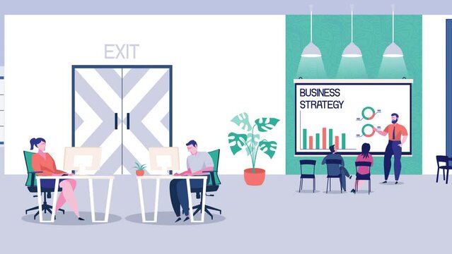 Animated flat looped video about working in a corporation. Office workers at computers, at a conference, discussing ideas.