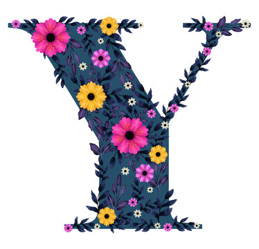 Monograma Y azul con flores. Letras May&uacute;scula Floral para Inicial, Invitaciones de Bodas, tarjetas de felicitaci&oacute;n, posters, PNG fondo transparente
