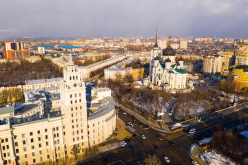 Fototapeta na wymiar Cathedral of the Annunciation and the clock tower of the South-Eastern Railway building frome drone in Voronezh, Russia