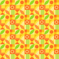 Seamless pattern of geometric shapes. Bauhaus style. Modern colored shapes - circles, triangles and squares. Vector illustration. Creative magazine cover, posters, social media and web pages, clothing