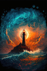 Epic lighthouse at sea, island lighthouse, colorful, amazing, epic, ocean, sky, coast, water